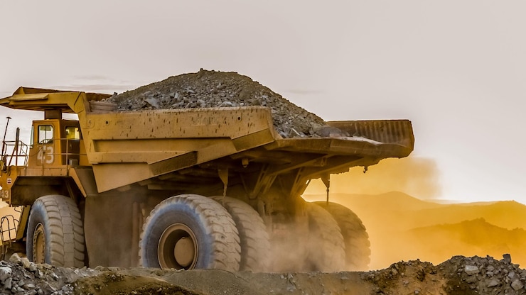 Kostenlose Foto großer lastwagen mit sand auf einem platinbergbau in afrika