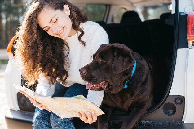 Großer schwarzer Hund im Auto