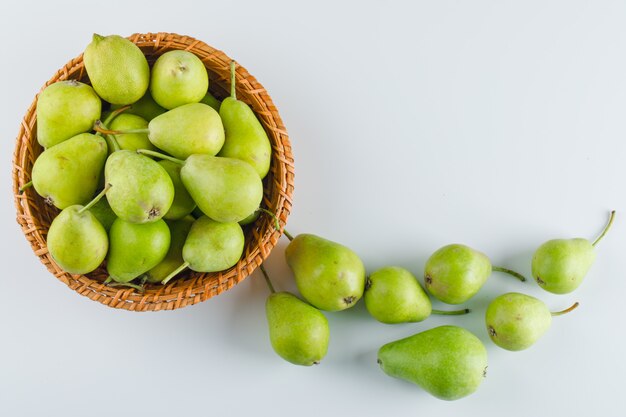 Grüne Birnen in einem Korb auf weißem Tisch