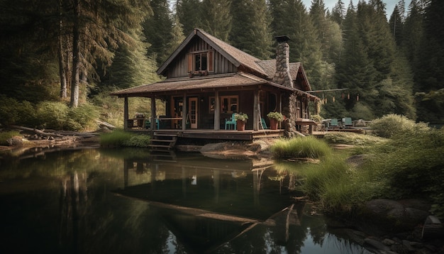 Kostenloses Foto grüne kiefern spiegeln sich in einem ruhigen, von ki erzeugten teich