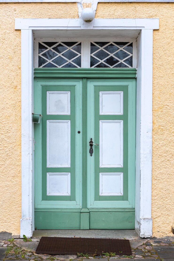 Kostenlose Foto grüne klassische tür holzdetails vintage-hausfassade