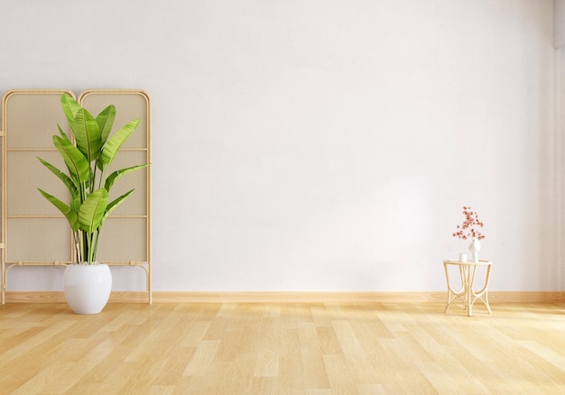 Grüne Pflanze im weißen Wohnzimmer mit freiem Platz