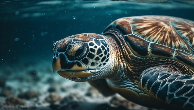 Grüne Schildkröte, die in einem tropischen Korallenriff schwimmt, das von KI erzeugt wird