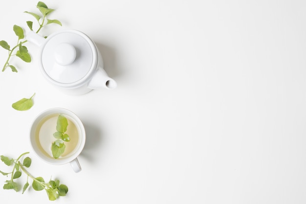 Grüne tadellose Blätter und Teecup mit der Teekanne lokalisiert auf weißem Hintergrund