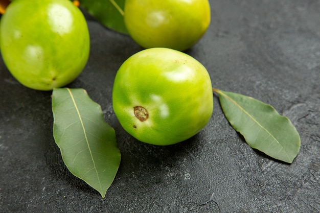 Grüne Tomaten Lorbeerblätter der unteren Nahansicht auf dunklem Hintergrund