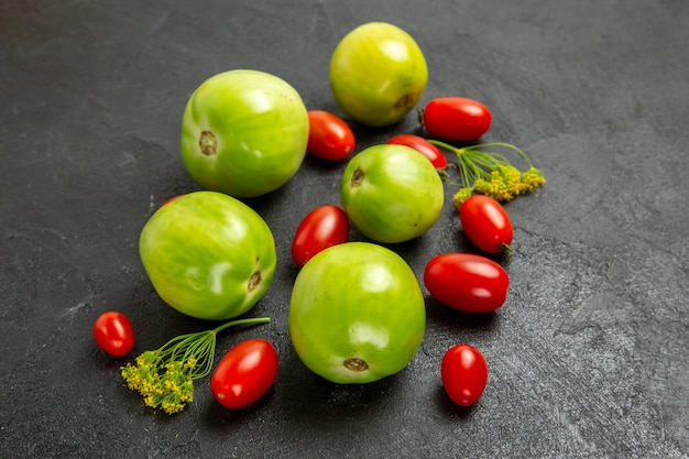 Grüne Tomaten und Kirschtomaten und Dillblumen der Ansicht von unten auf dunklem Hintergrund