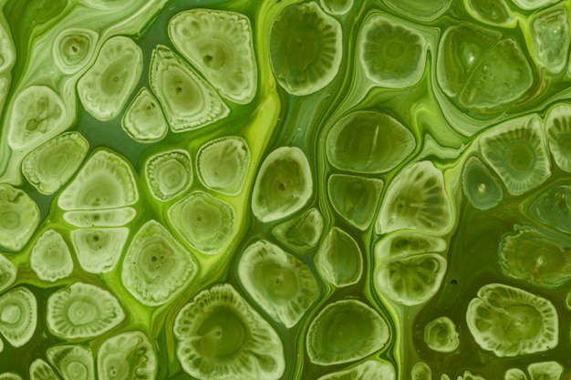 Grüne Wellen und Blasen des flüssigen Acryls gießen Malerei