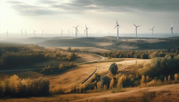 Grüne Wiese verwandelt Wind in der Abenddämmerung in Strom, der von KI erzeugt wird