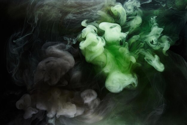 Grüner rauch auf schwarzem tintenhintergrund, bunter nebel, abstraktes wirbelndes smaragdgrünes ozeanmeer, acrylfarbenpigment unter wasser