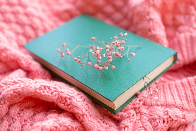 Grünes Buch mit trockenen Blumen auf einem rosa warmen Strickpullover