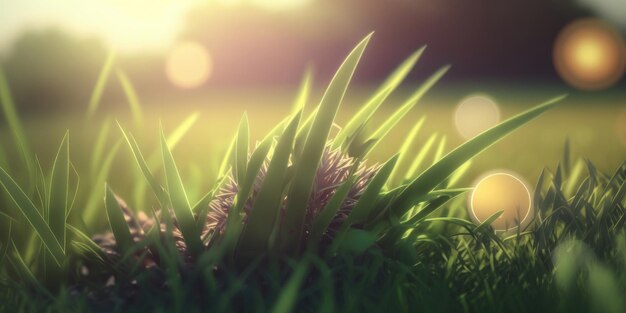 Grünes Gras Naturfeld Nahaufnahme hinterleuchtet von goldenem Sonnenlicht mit Sonnenstrahlen Natürliches Frühlingsgras auf verschwommenem Bokeh-Hintergrund