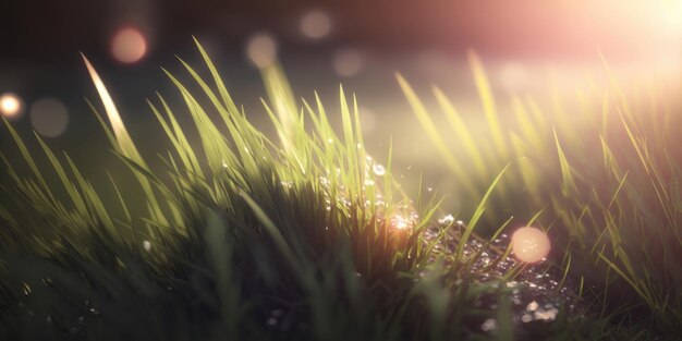 Grünes Gras Naturfeld Nahaufnahme hinterleuchtet von goldenem Sonnenlicht mit Sonnenstrahlen Natürliches Frühlingsgras