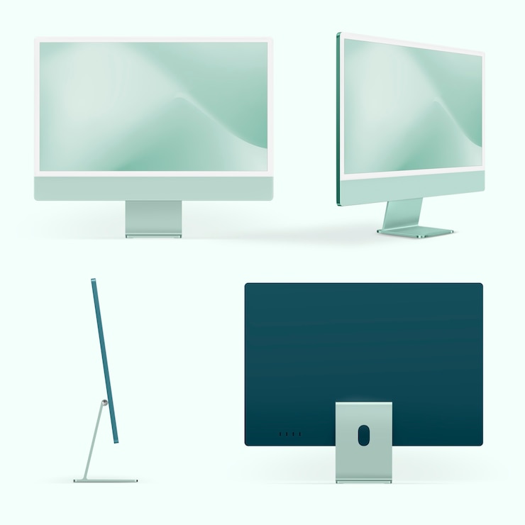 Kostenlose Foto grünes, minimales computer-desktop-digitalgerät mit design-space-set