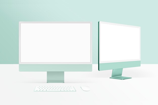 Grünes, minimales digitales Computer-Desktop-Bildschirmgerät mit Designraum