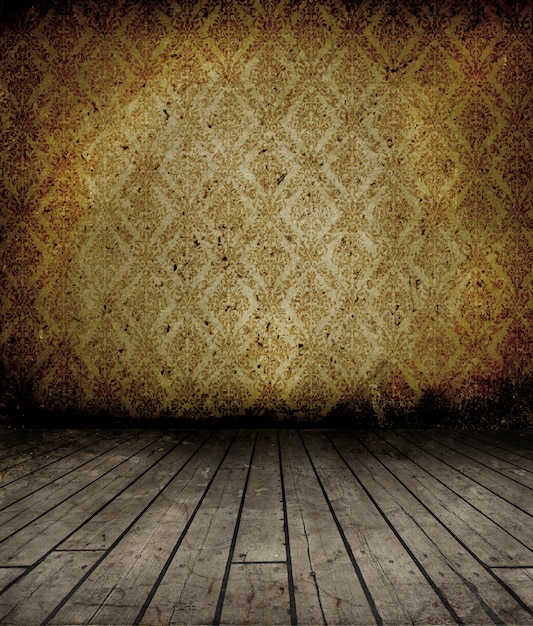 Kostenloses Foto grunge innenraum mit holzboden und vintage wallpaper an der wand