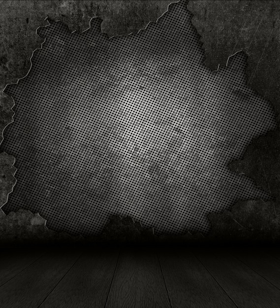 Kostenloses Foto grunge interior hintergrund mit gebrochenem metall wand und holzboden