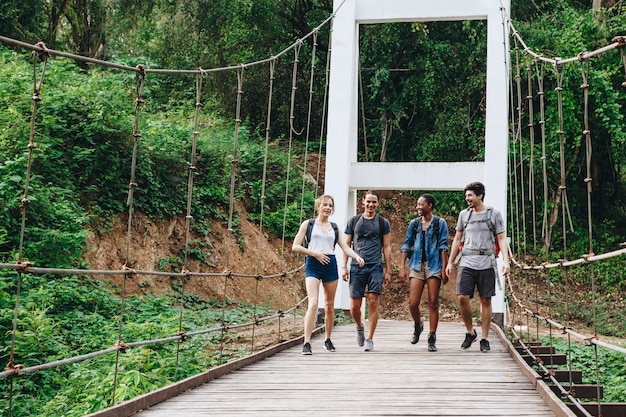 Gruppe Freunde, die auf die Brücke in einem tropischen Landschaftsabenteuer- und -reisekonzept gehen
