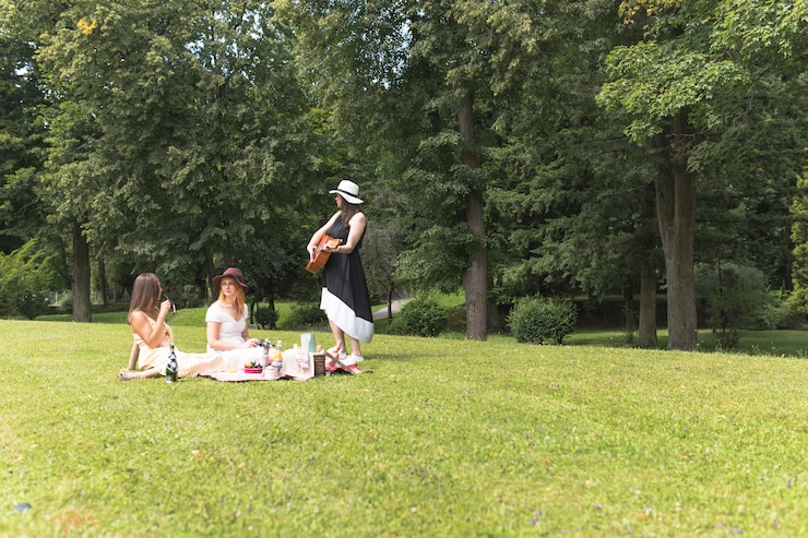 Kostenlose Foto gruppe freundinnen, die auf dem picknick im park genießen