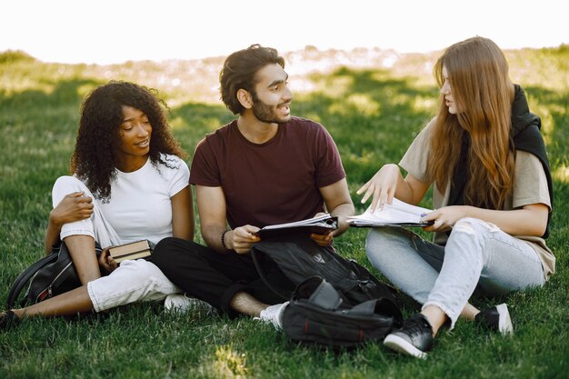 Gruppe internationaler Studenten, die zusammen auf einem Gras im Park an der Universität sitzen. Afrikanische und kaukasische Mädchen und indischer Junge, die draußen sprechen