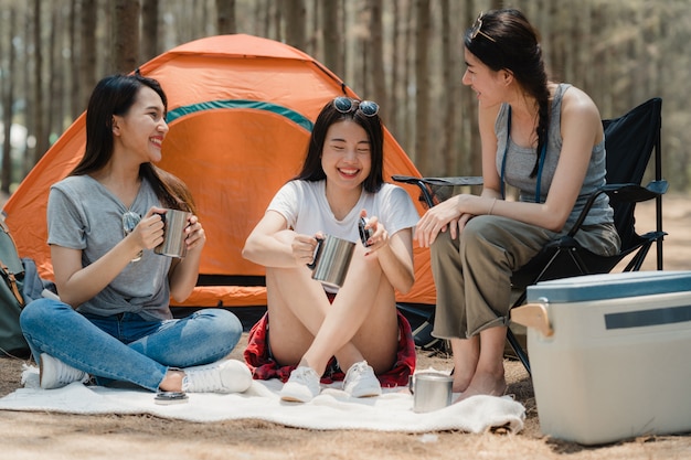 Gruppe junge asiatische Freunde, die zusammen im Wald kampieren oder picknicken