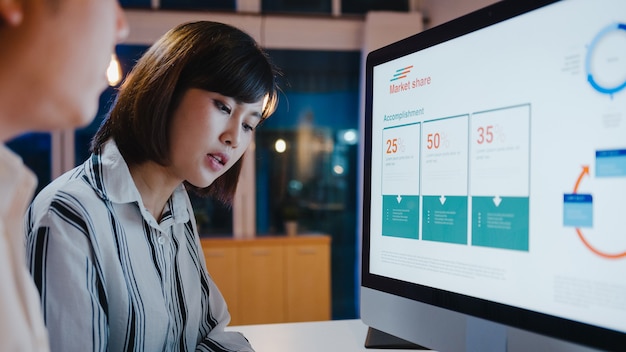 Kostenloses Foto gruppe von asiatischen geschäftsleuten und geschäftsfrauen, die computerpräsentationen und kommunikationstreffen verwenden, um ideen für brainstorming zu treffen