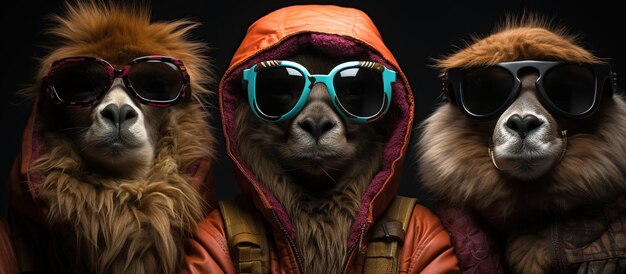 Gruppe von Hunden mit Pilotenbrille und Winterjacke. Studioaufnahme