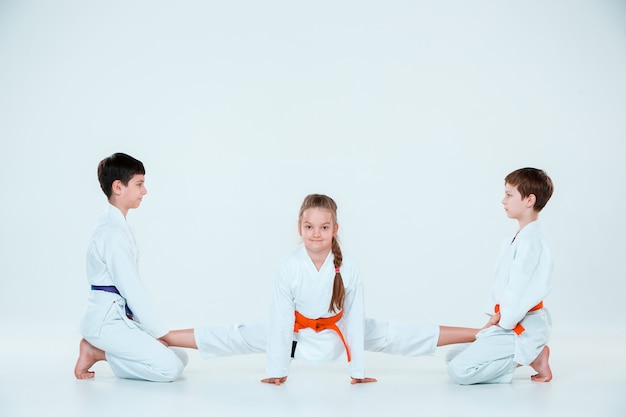 Gruppe von Jungen und Mädchen beim Aikido-Training in der Kampfkunstschule. Gesunder Lebensstil und Sportkonzept