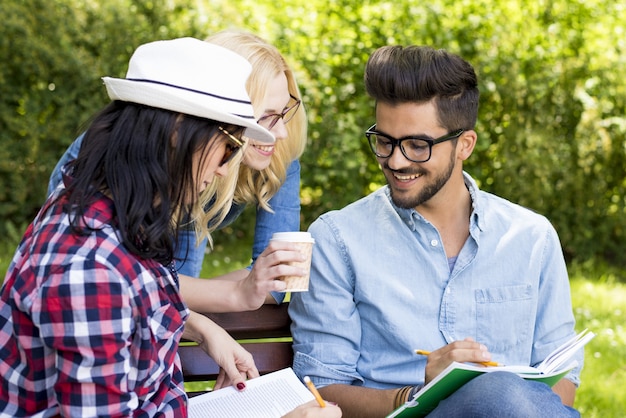 Gruppe von kaukasischen Freunden, die auf einer Parkbank bei Tageslicht studieren