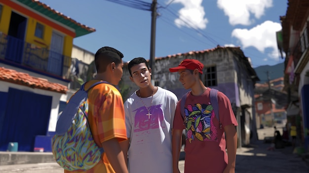 Gruppe von kolumbianischen männlichen Freunden, die Zeit zusammen verbringen und sich amüsieren