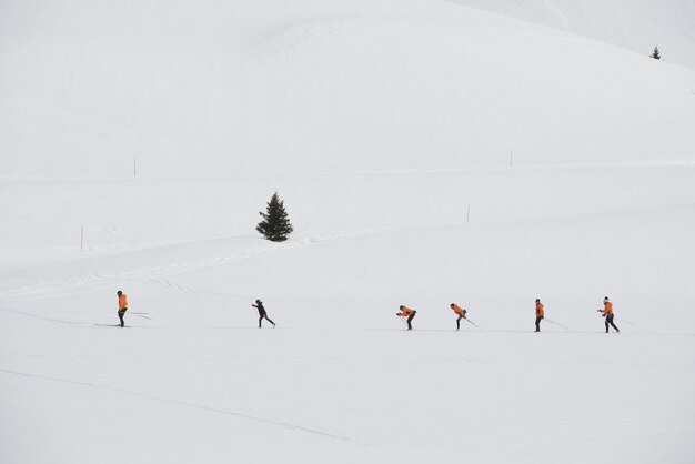 Gruppe von Langläufern, die auf einem Skigebiet trainieren