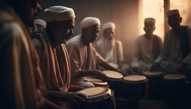 Gruppe von Musikern, die im Freien traditionelle Percussion-Instrumente spielen, die von KI generiert wurden