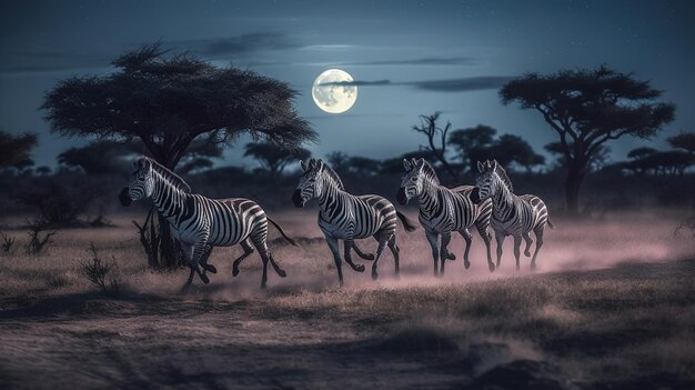 Kostenloses Foto gruppe von zebras, die durch die afrikanische savanne laufen, mit vollmond-ki-generiertem bild