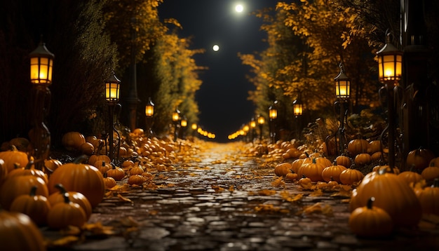 Gruselige Halloween-Nachtlaterne, leuchtende Herbstdekoration, Feier des Horrors, erzeugt durch künstliche Intelligenz