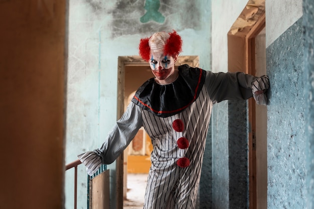 Kostenloses Foto gruseliger clown der vorderansicht in verlassenem gebäude