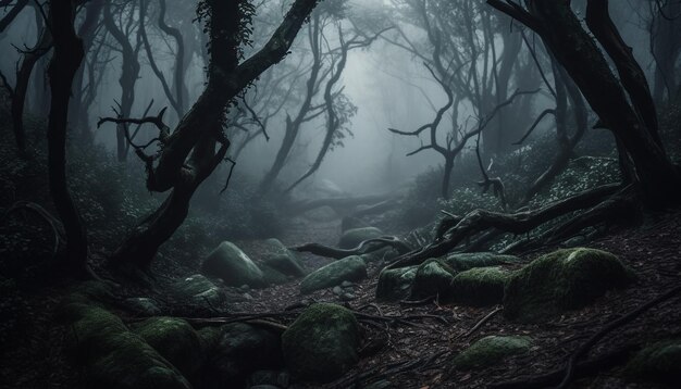 Gruseliger Wald, dunkler Mystery-Horror in der Natur, generiert von KI