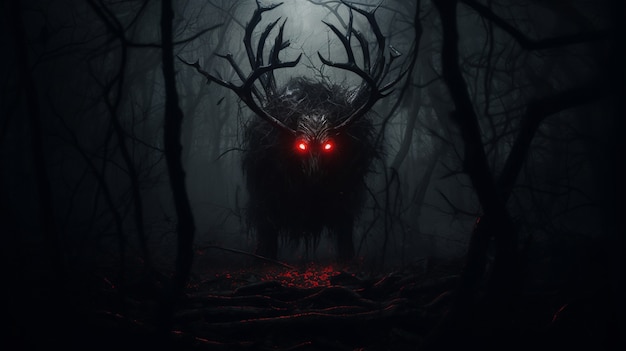 Gruseliges Monster im nebligen Wald bei Nacht