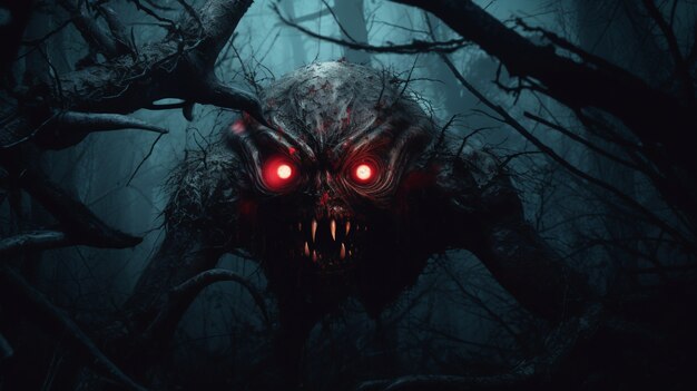 Gruseliges Monster im nebligen Wald bei Nacht