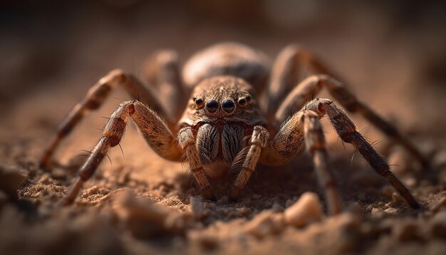 Haarige Spinne, die in einem gruseligen Naturwald kriecht, der von KI erzeugt wird