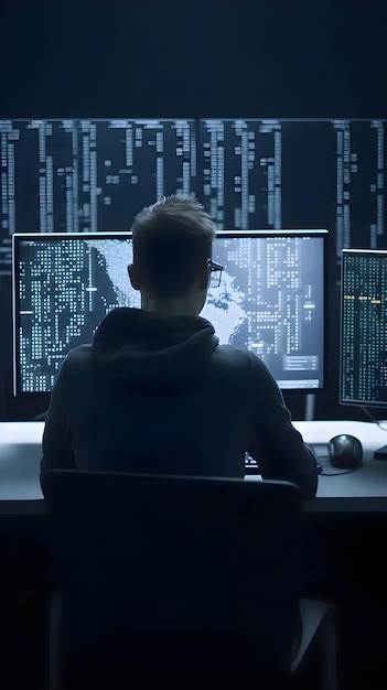 Kostenloses Foto hacker vor dem computerbildschirm mit binärem code cybercrime-konzept