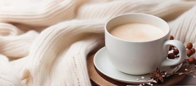 Kostenloses Foto hände in einem weißen strickpullover, die einen warmen kaffee greifen