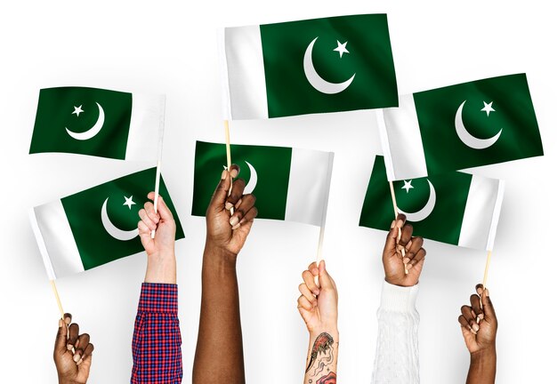Hände winken Flaggen von Pakistan