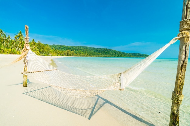 Hängematte mit tropischem Strand und Meer der schönen Natur mit Kokosnusspalme