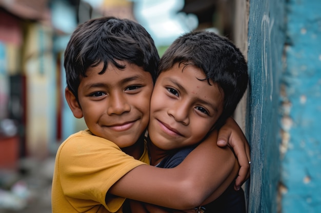 Halbgroße Aufnahme von Kindern, die sich im Freien umarmen