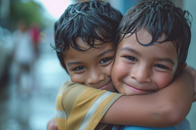 Halbgroße Aufnahme von Kindern, die sich im Freien umarmen