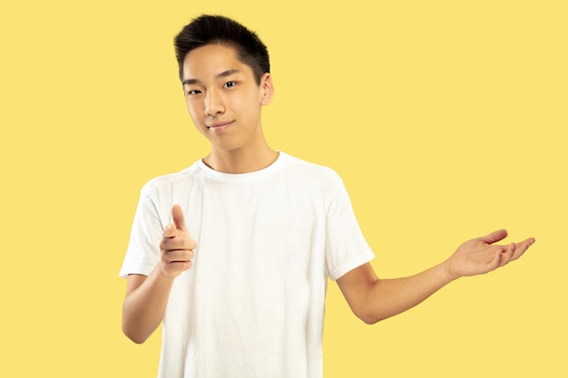 Halblanges Porträt des koreanischen jungen Mannes auf gelber Wand