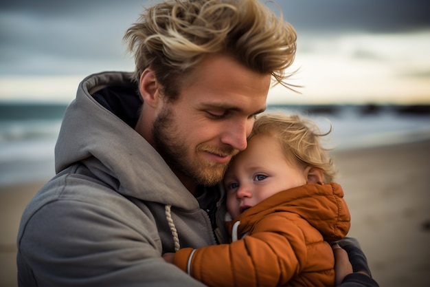 Kostenloses Foto halbnahe aufnahme eines vaters, der sein baby hält