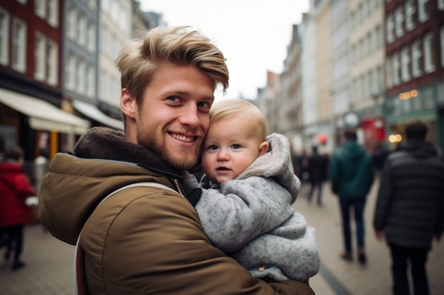 Kostenloses Foto halbnahe aufnahme eines vaters, der sein baby hält