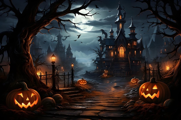 Halloween-Ansicht mit Kürbissen und Fledermäusen mit Vollmond im Hintergrund
