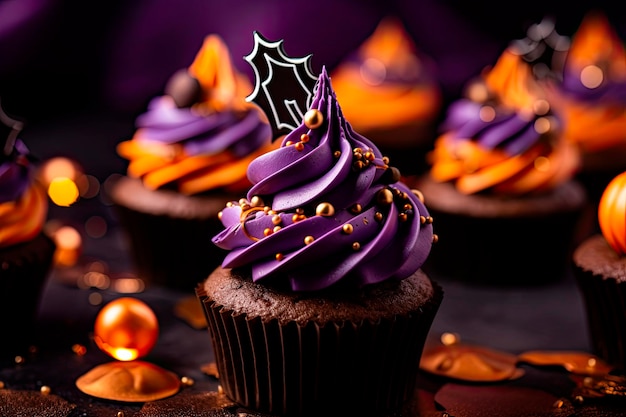 Halloween-Cupcakes mit lila Creme auf dunklem Hintergrund