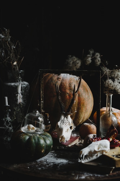 Kostenloses Foto halloween-dekor alte kürbisse, granatäpfel, äpfel